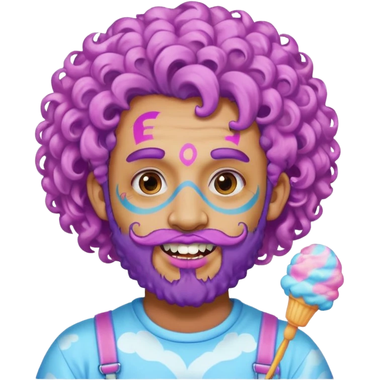 very colorful puffy violet curly haired man beard made out of cotton candy wearing teeth-braces and excessive face tattoos just face  emoji