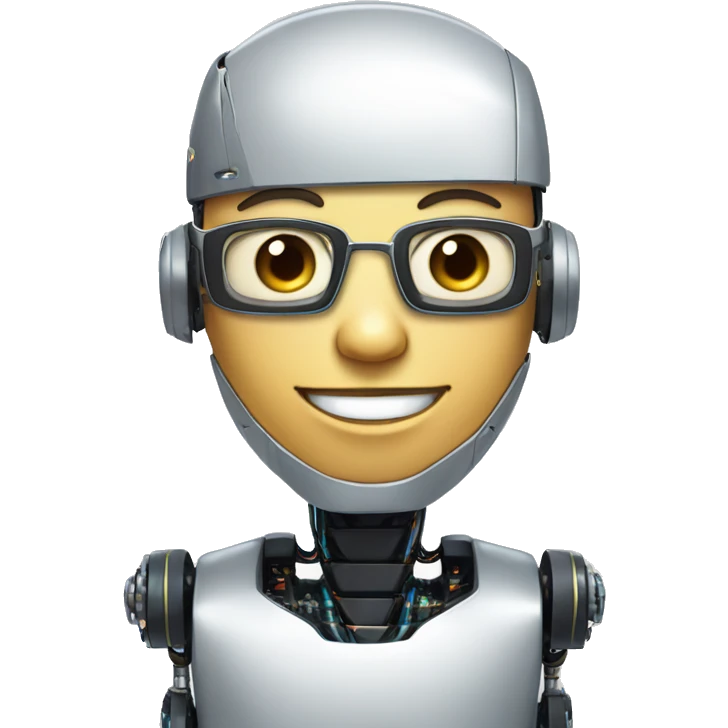 Robotic Cyborg head with fair skin, flat top haircut, rectangular glasses, circuits and smiling  emoji