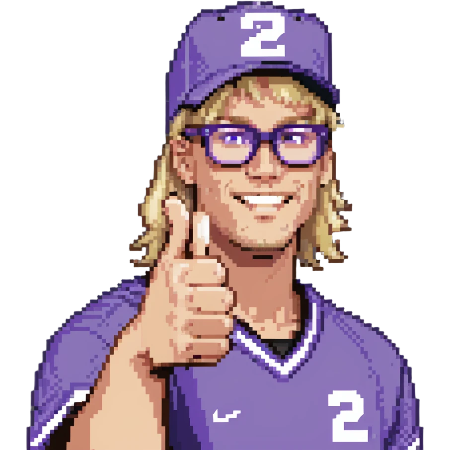 Man with black and white cap, purple sports jersey with number 32, clear glasses, light blond mullet hairstyle, thumbs up gesture emoji