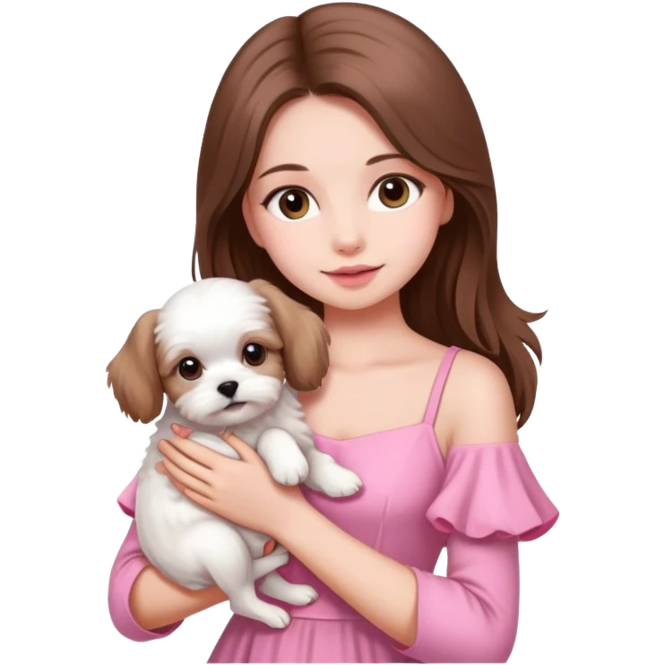 beautiful girl with long hair wearing pink dress holding a white Maltese puppy emoji