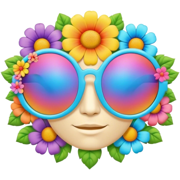 3D, psychedelic colored hippie sunglasses with hippie style flower border emoji