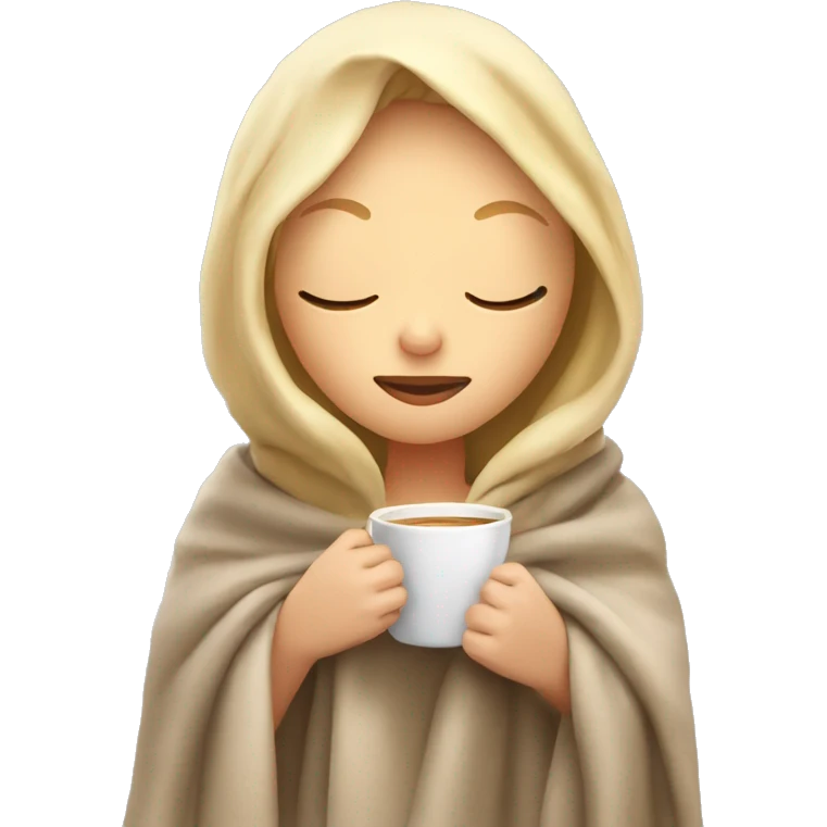 Blonde girl inside a blanket sipping coffees eyes closed emoji