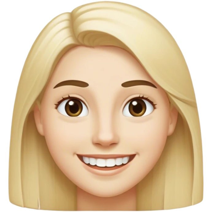 Hair: Long, straight, light blonde with darker undertones Eyes: Light-colored (possibly blue or hazel) Eyebrows: Well-defined and slightly arched Facial Shape: Oval with soft features Skin Tone: Fair/light complexion Expression: Big smile showing teeth, creating a happy and friendly look emoji