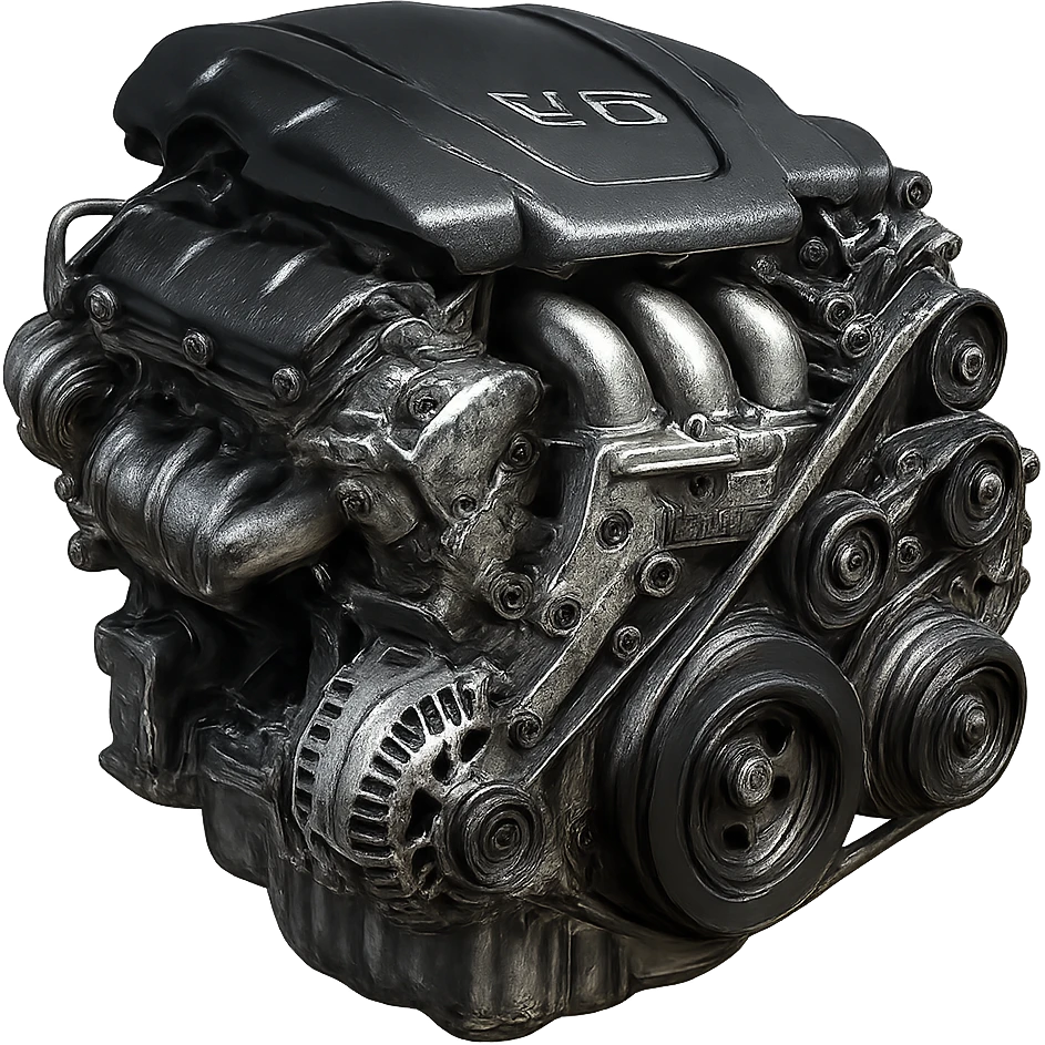realistic V6 engine, detailed mechanical parts, metallic textures, no background emoji