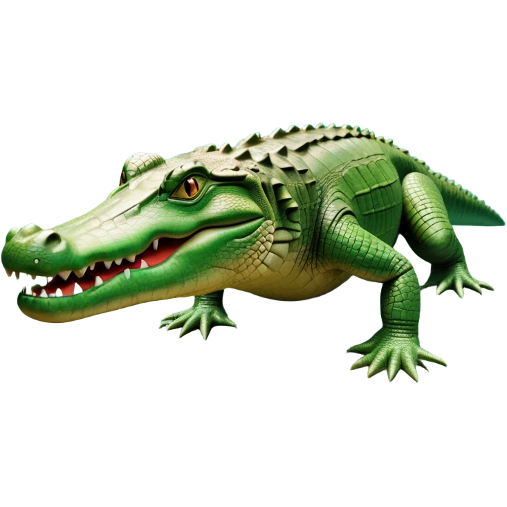 cinematic-crocodile-realistic-full-body-on all fours-emoji,-massive-scaled-body-partially-submerged-in-shallow-water,-head-tilted-dramatically,-rough-green-and-brown-hide-textured-with-deep-ridges,-simplified-yet-realistic-focused-features, head held high emoji