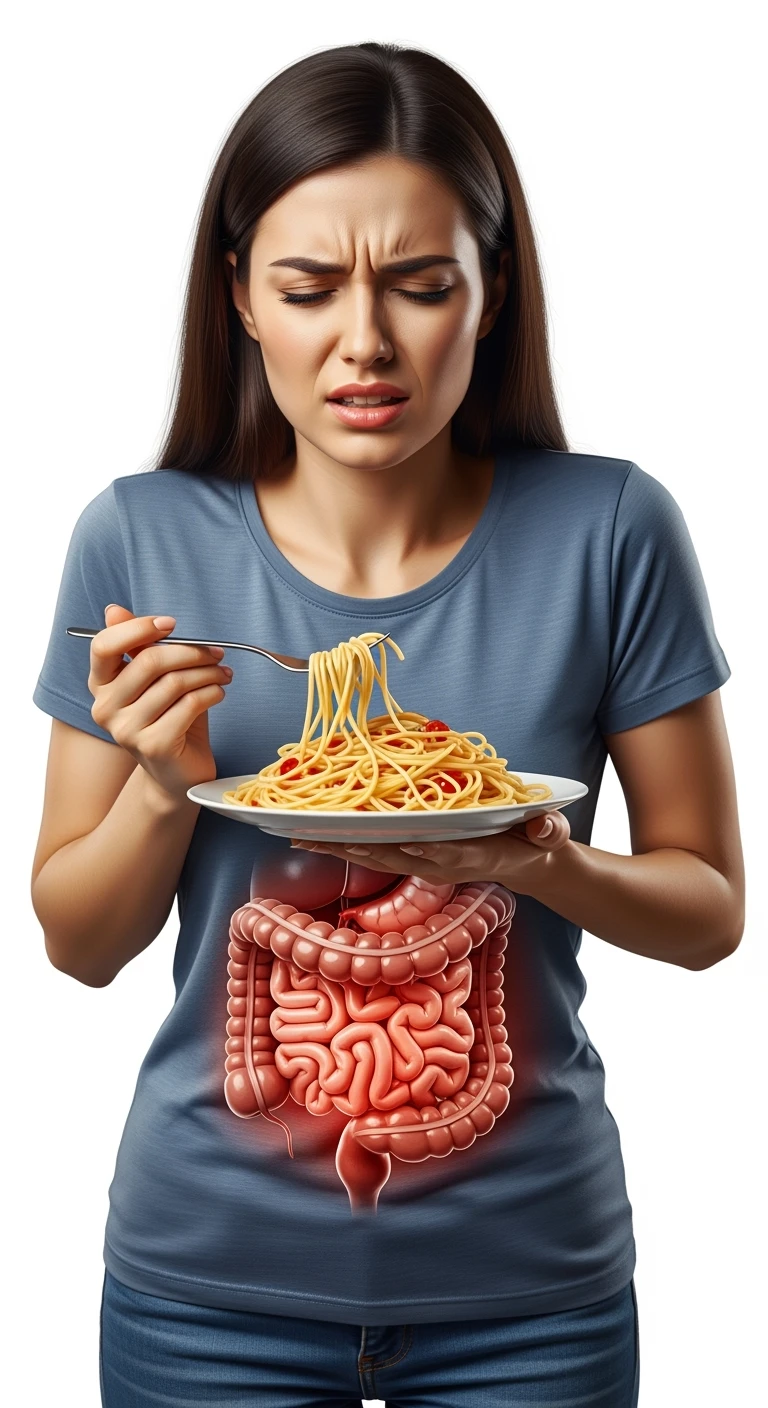 DONNA CON INTESTINO UMANO ANATOMICO REALISTICO IN EVIDENZA E MAL DI PANCIA MENTRE TIENE IN MANO UN PIATTO DI PASTA , IPERREALISTICO 4K, ISOLATO SU SFONDO BIANCO emoji