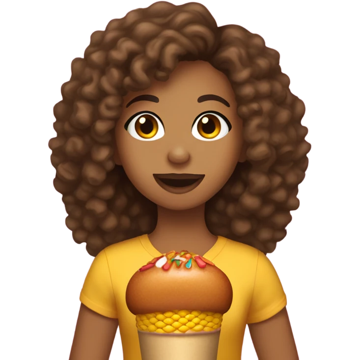 Girl with brown curly hair and olive skin tone and hazel eyes eating a corn dog emoji