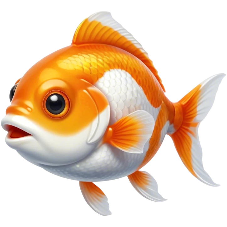 Cinematic Cute Orange and White Goldfish Portrait Emoji, Head tilted playfully and inquisitively, featuring a glossy, vibrant body adorned with a striking mix of orange and white, round, sparkling golden eyes filled with curiosity, Simplified yet irresistibly adorable features, highly detailed, glowing with a warm, friendly glow, high shine, affectionate and lively, stylized with a touch of whimsy, bright and endearing, soft glowing outline, capturing the essence of a mischievous yet loving goldfish, so playful it feels like it could swim out of the screen and into your heart! emoji