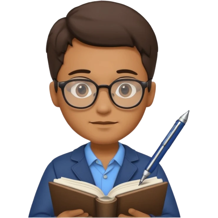 man hold a pen in hand write in book , wearing glasses emoji