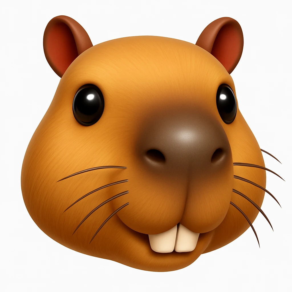 Create a capybara emoji that looks exactly like the reference image in iOS emoji style. The emoji should have a 3D appearance with shiny, smooth gradients, soft shadows, and a realistic capybara head with a classic emoji look. Add a subtle highlight to the nose. emoji