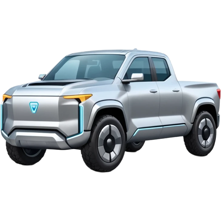 A futuristic electric pickup truck emoji, silver chrome body, angular cyber design, smooth metallic panels, subtle reflections, minimalistic proportions, iOS emoji style, centered composition, clean white background, soft lighting emoji