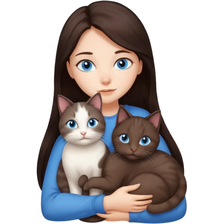 a girl with long dark 
brown hair, with blue eyes, hugs 3 different natural coloured cats emoji