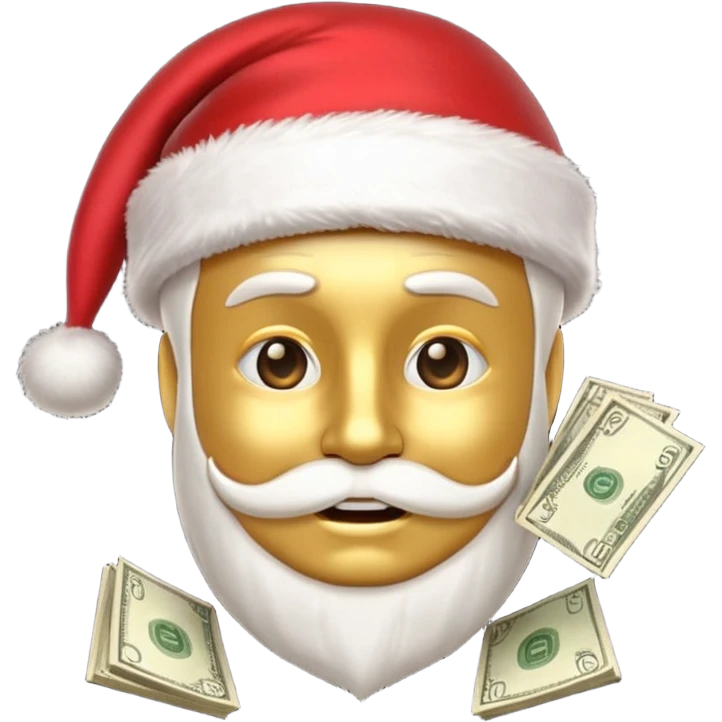 A confident rich emoji face wearing a Santa hat, money stacks, casino vibe, New Year theme, premium 3D emoji style, sharp details, no text, isolated on transparent background emoji
