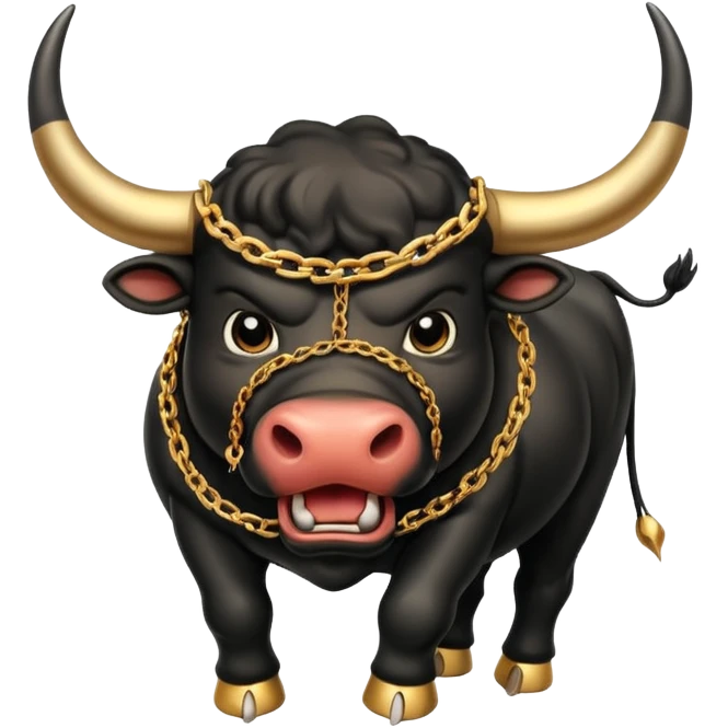 The emoji is an angry black powerful bull with steam coming out of its nose and a gold chain hanging from its neck with the inscription "bull run" emoji