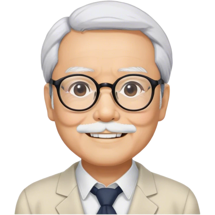 ​Cinematic Realistic Portrait of Hayao Miyazaki, depicted with defined black eyebrows, and large rectangular glasses, his happy expression rendered in lifelike detail, illuminated with soft, realistic lighting that emphasizes his creative genius, emoji