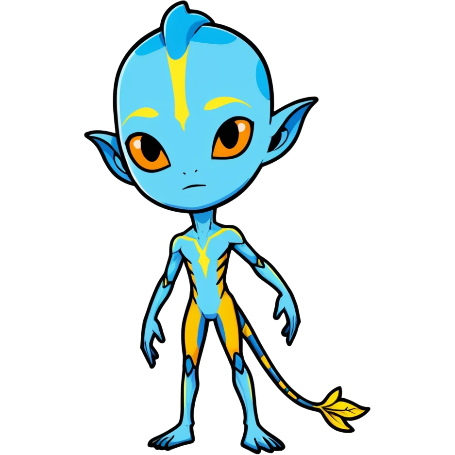 Na'vi character from Avatar movie, blue skin, bioluminescent markings, tall and slender, yellow eyes, cartoon sticker style emoji