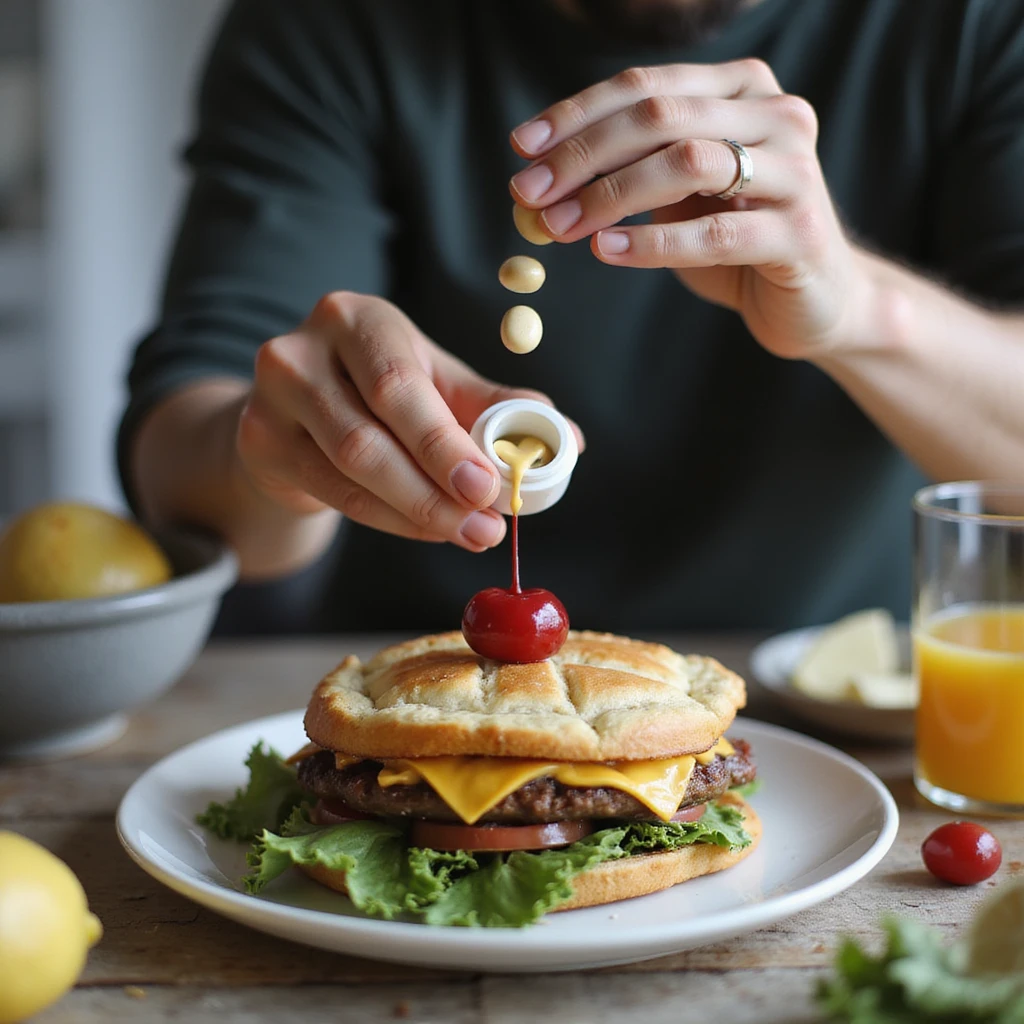 realistic image of a man or woman adding a dietary supplement on top of a healthy meal like a cherry on a cake, positive atmosphere, creative details, home environment emoji