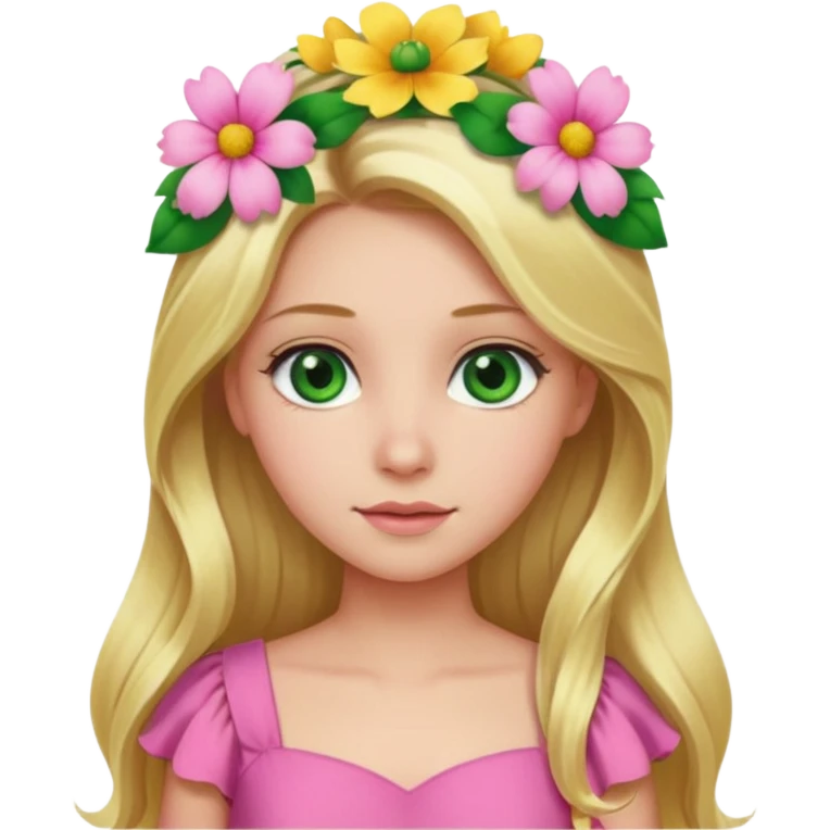 Girl profile picture with long blonde hair and green eyes and a flower in her hair. and a pink outfit emoji