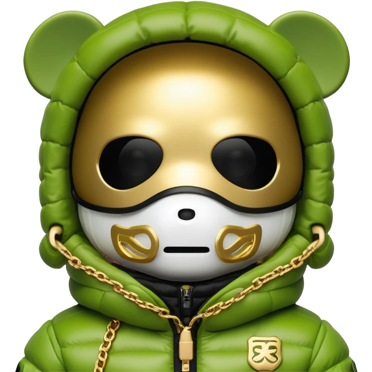 bearbrick in lime balaclava with logos where eye section is a single continuous dark visor lens integrated directly into the mask fabric, not additional eyewear, luxury puffy jacket with fur, gold chains emoji