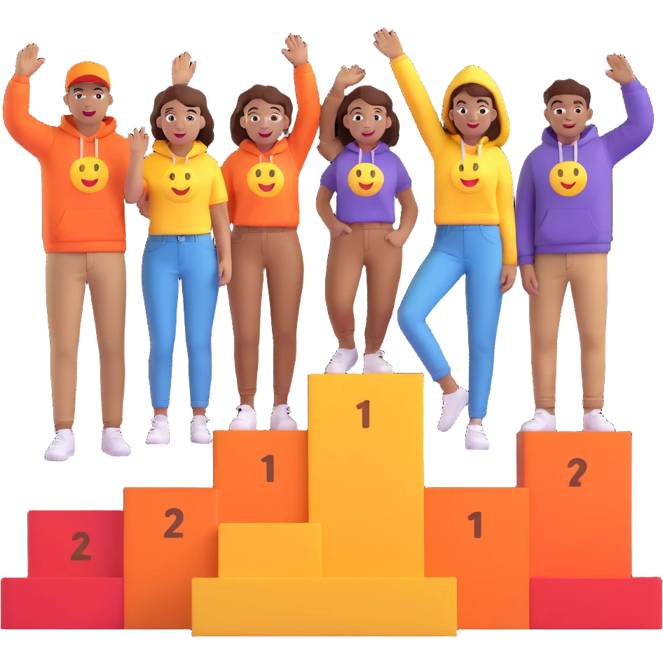multi-racial men and women standing on a brown winners’ podium with the middle podium position elevated, no numbers on the podium, each person casually dressed in fun colorful jeans, t-shirts, and hoodies, excited fun expressive 3D emoji style emoji