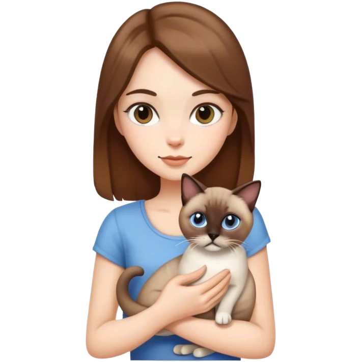 Chica con pelo castaño blanca con un gato siamés  emoji