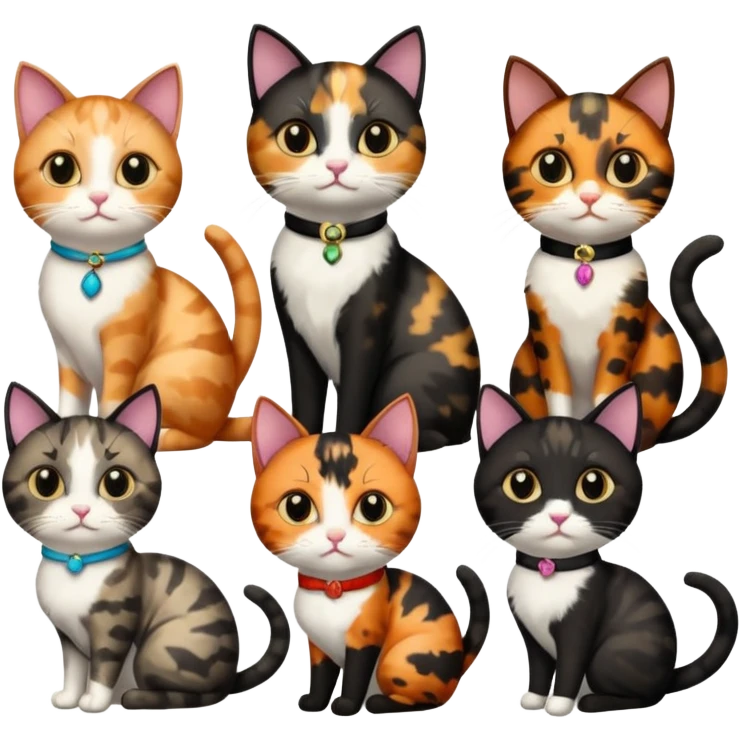 6 cats with different coloured coats emoji