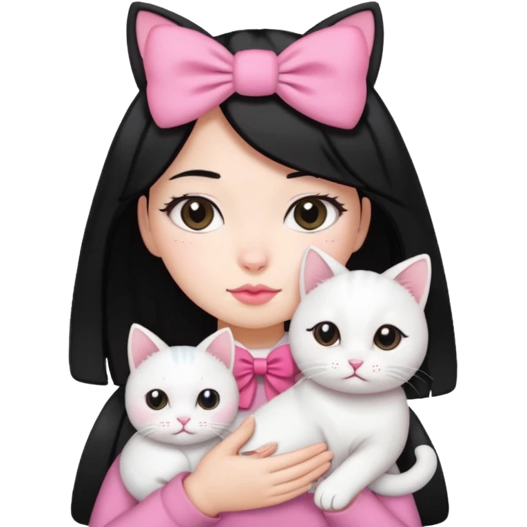 A gurl black hair with pink bow holding one white cat emoji