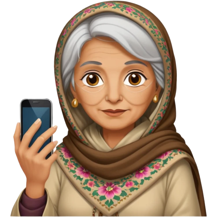 persian old woman Persian shawl with smartphone, half body emoji