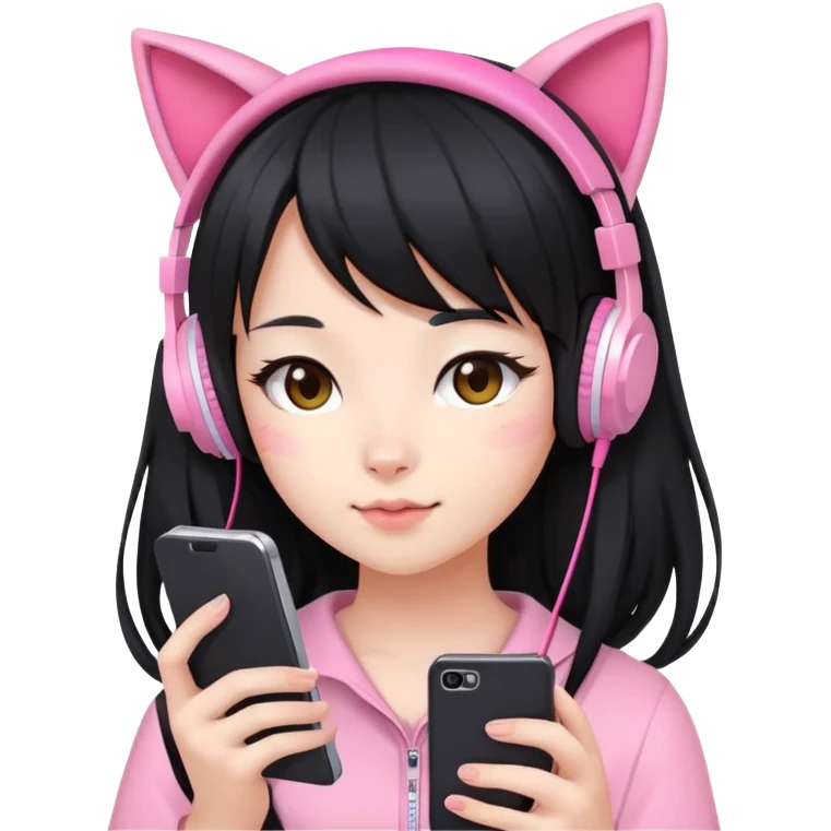 Extra cute Japanese girl with long hair, wearing pink cat ear headphones and holding a mobile phone emoji