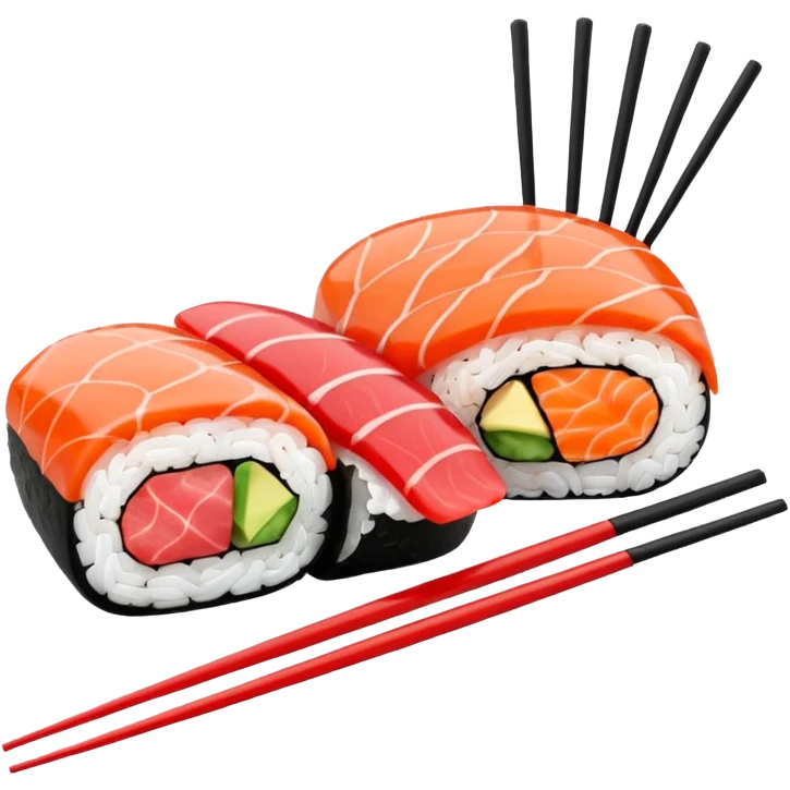 Japanese cuisine humanless avatar in minimalist emoji-style illustration. Sushi, roll and 2 chopsticks, clean lines, red white colors, flat design, calm and modern. emoji