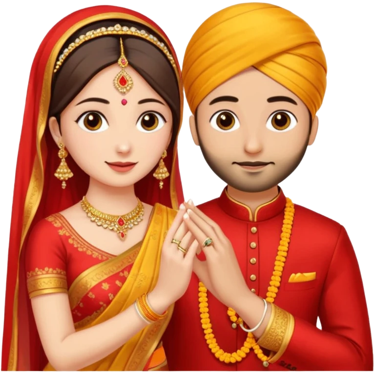 Two hands in a engagement..One hand of groom and one hand of bride. Bride hand - red/yellow saree. groom- light orange punjabi (oonly hands will be visible in the image). Groom's hand is holding a ring and bride's hand will be wearing the ring.*ONLY HANDS WILL BE VISIBLE IN THE IMAGE* emoji
