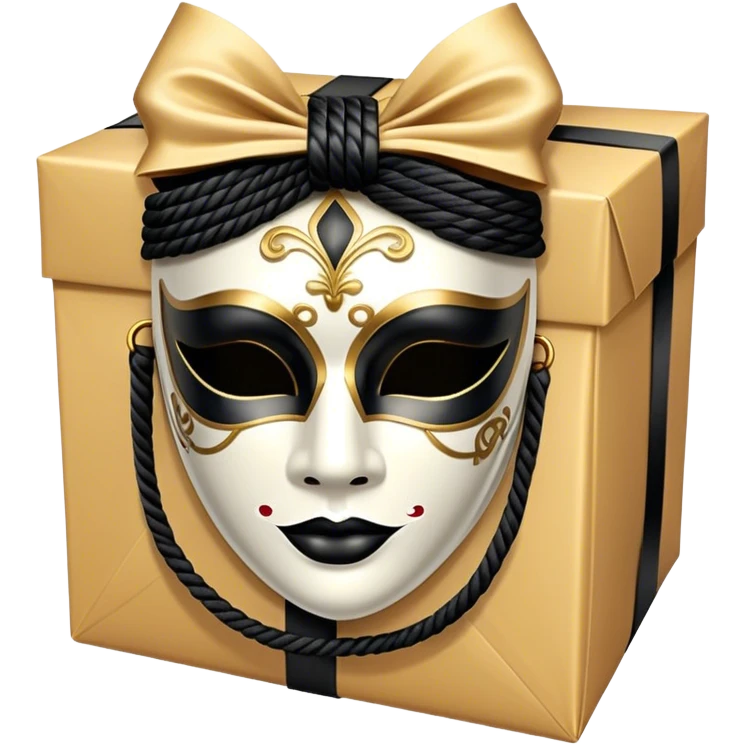 Gift wrapped with black rope and Miniature venetian mask emoji