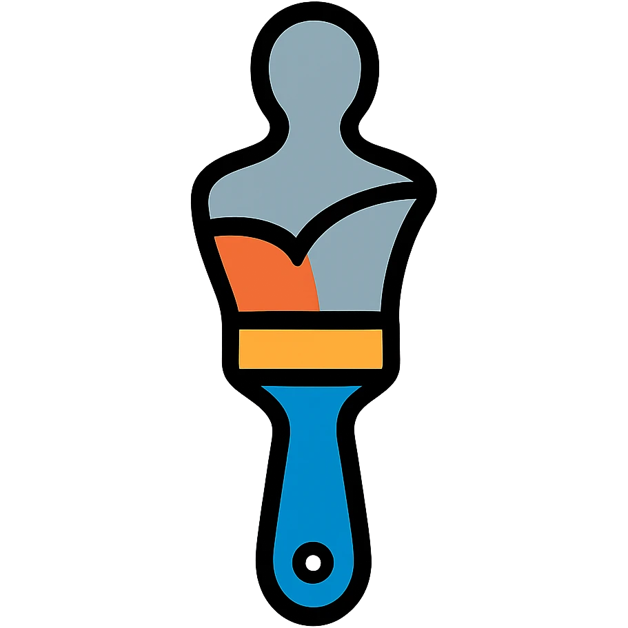 A paintbrush transforming into a metallic human figure silhouette, artistic identity symbol emoji