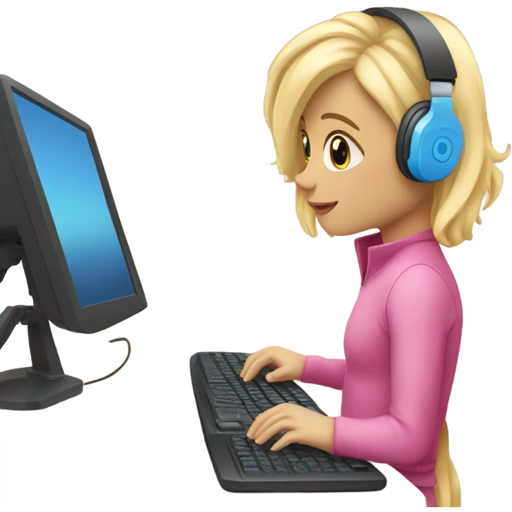 blonde hair blue eyed girl pink headphones and computer emoji