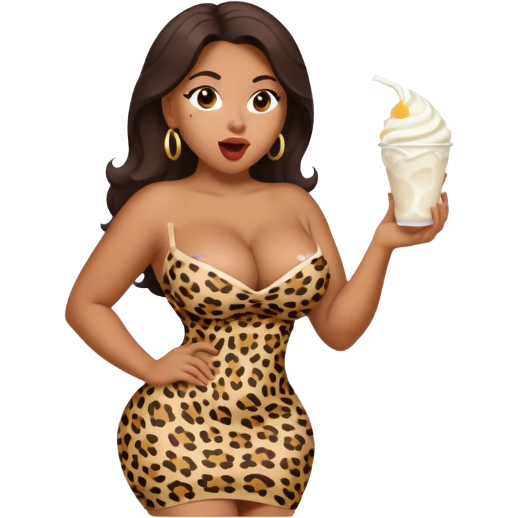 attractive full body latina with massive curves, breasts, and ass wearing a tight leopardskin dress  with her mouth open and white yogurt all over her face and in her mouth emoji