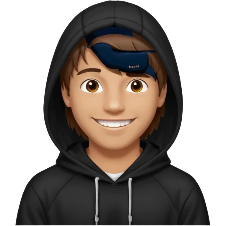 20 yr old man, brown hair, straight, big smile, white teeth, tanned skin, bangs, black hooded sweatshirt, long hair in back, center-parted bangs emoji
