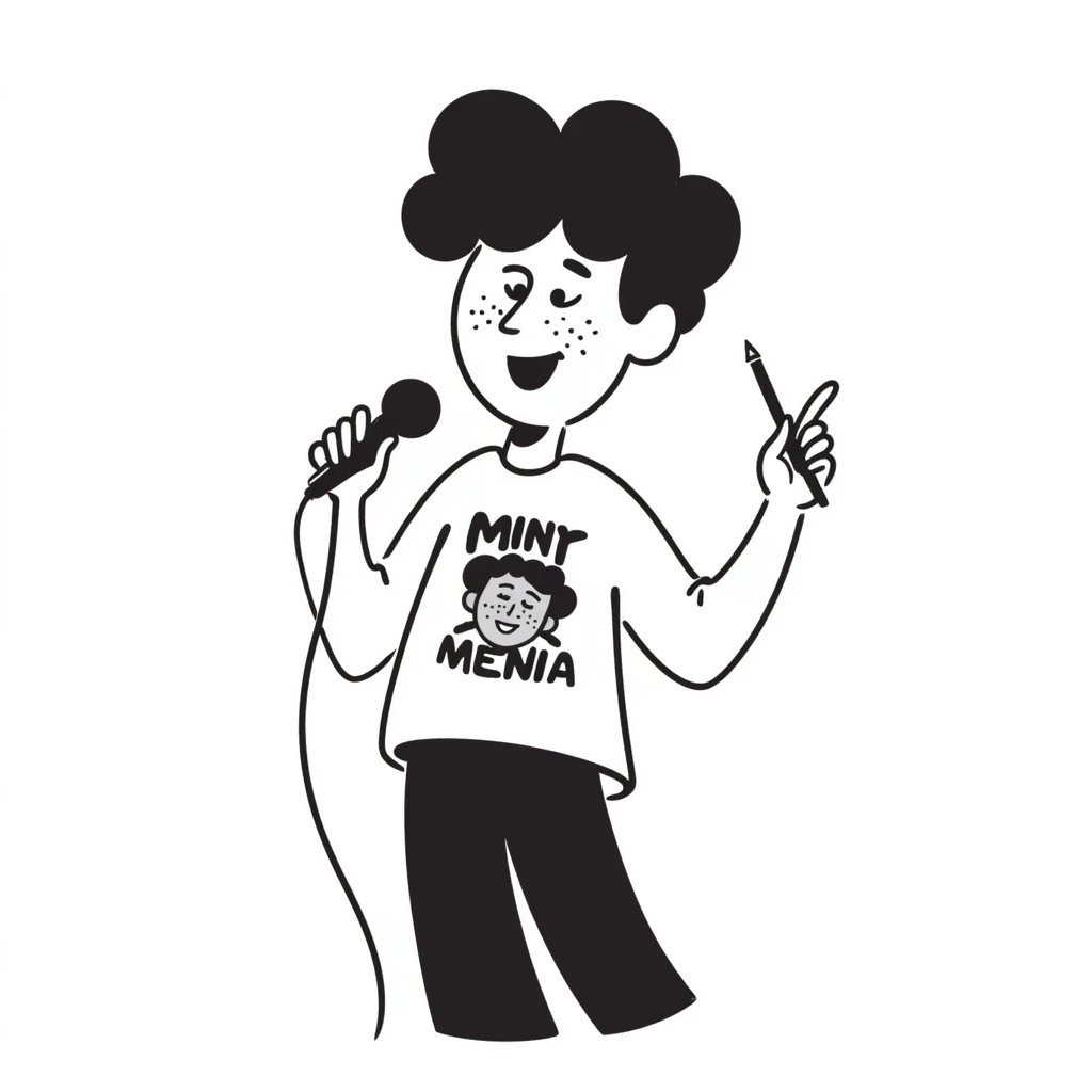 enthusiastic musician with wide smile holding microphone and pen, energetic expression emoji