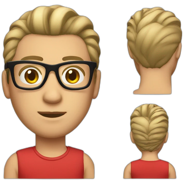 slicked back hair, white, rectangle glasses, red shirt emoji