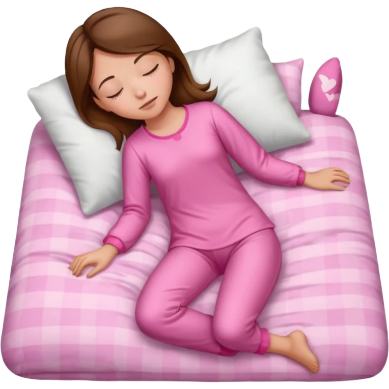 Menina de cabelos castanhos de corpo inteiro, pijama rosa, dormindo emoji