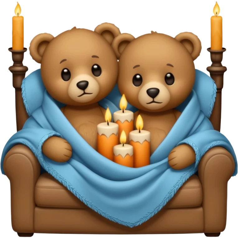Two teddy bears cuddling wrapped in a blanket watching tv on couch with candles next to them emoji