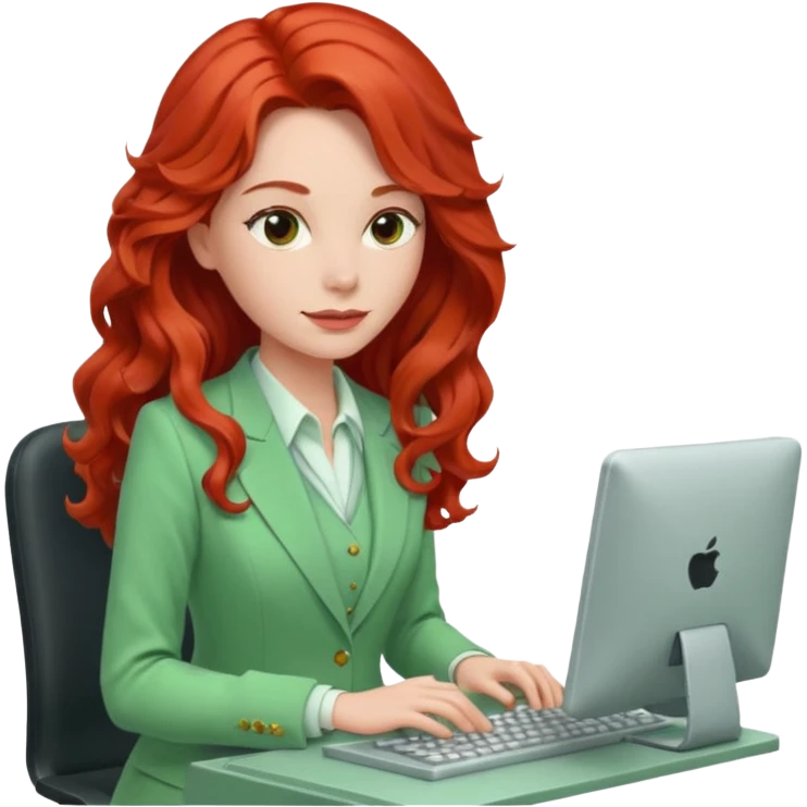 Red long wavy hair lady with a light green suit typing in a computer emoji