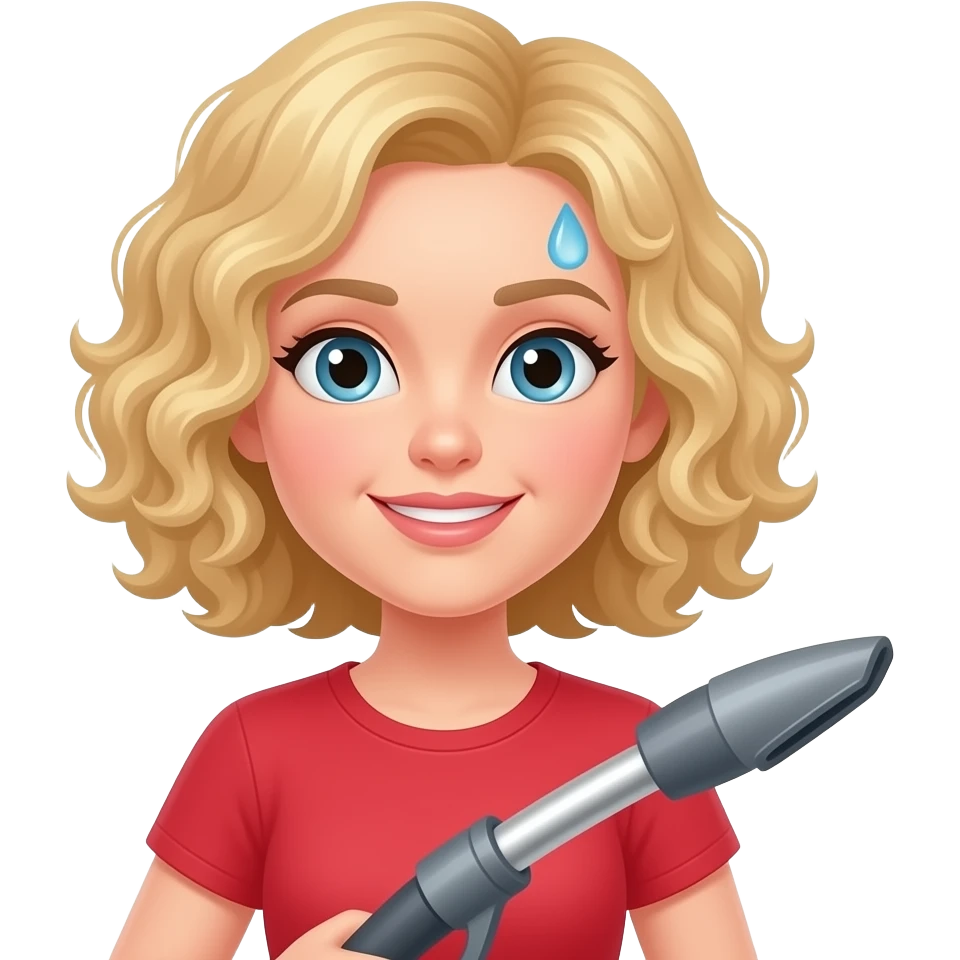 blonde curly bob holding a dust buster with sweat in a red shirt emoji
