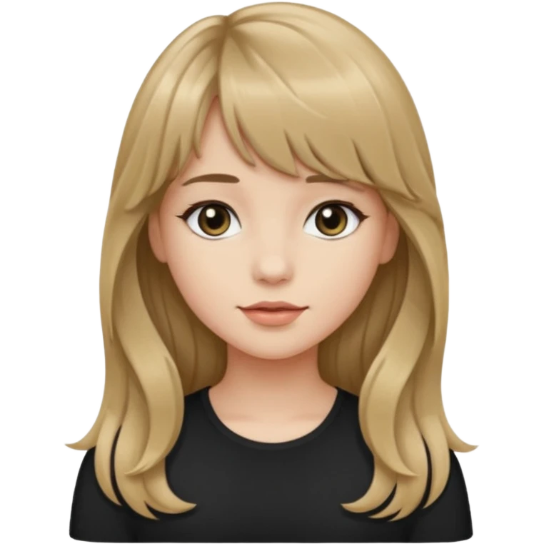 Uma garota de cabelo ondulado loiro escuro,mas com franja lisa e olhos pretos, e a cor de pele branca,e o cabelo LONGO  emoji