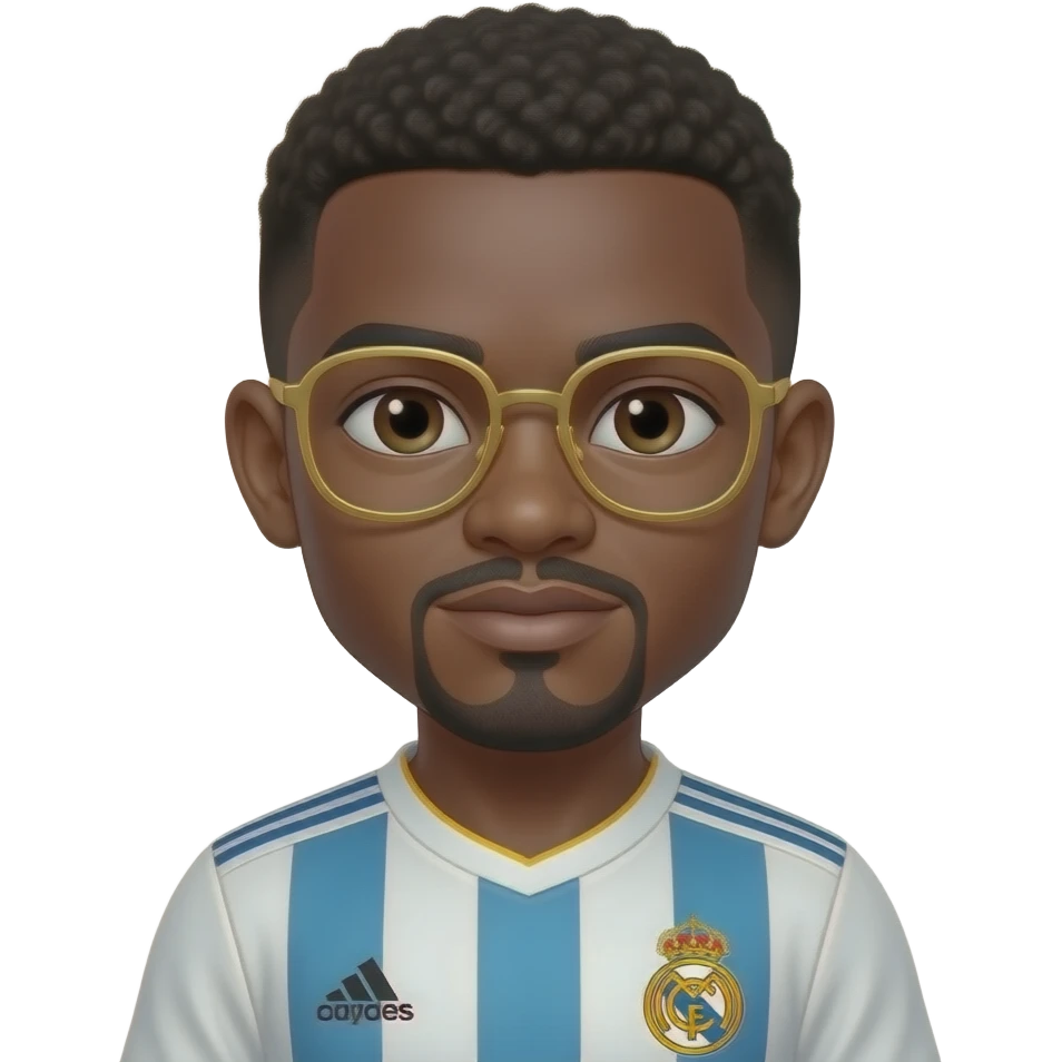 black boy with top black and botom gold glasses playing soccer with a madrid jersey and a little mustache and a goatee emoji