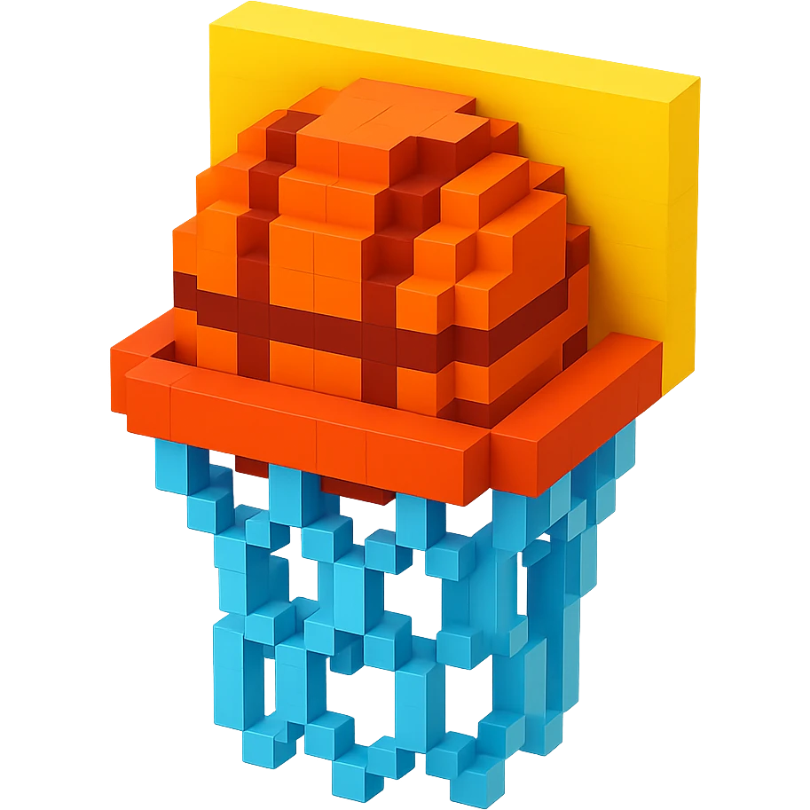 A voxel-style basketball in a net, variation 4 emoji
