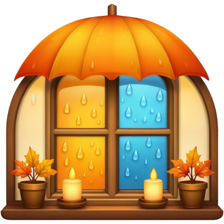 cozy home emoji with a window showing rainy weather, warm lights inside, and cool autumn shades emoji