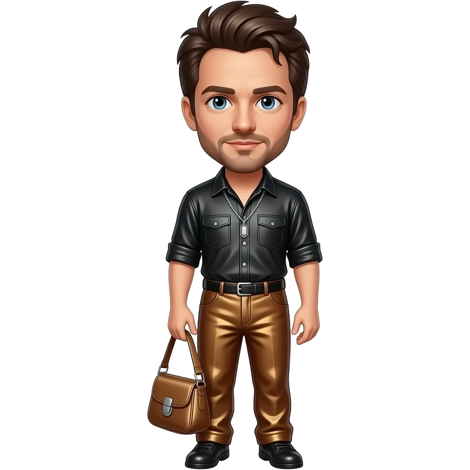 Ethan Hawke with blue eyes, dark brown hair, black metallic shirt, brown metallic baggy pants, silver necklace emoji