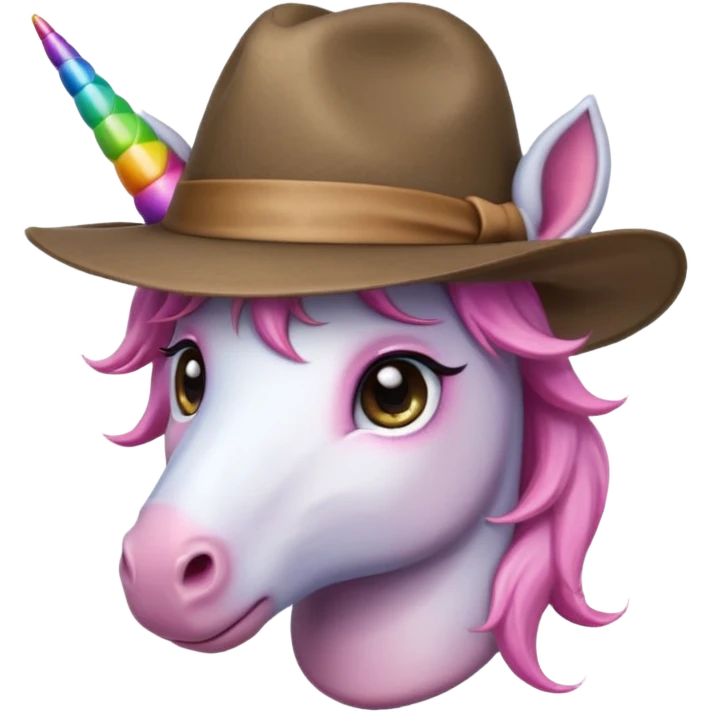 unicorn face cute wearing fedora, horn piercing through the hat looking in the camera emoji