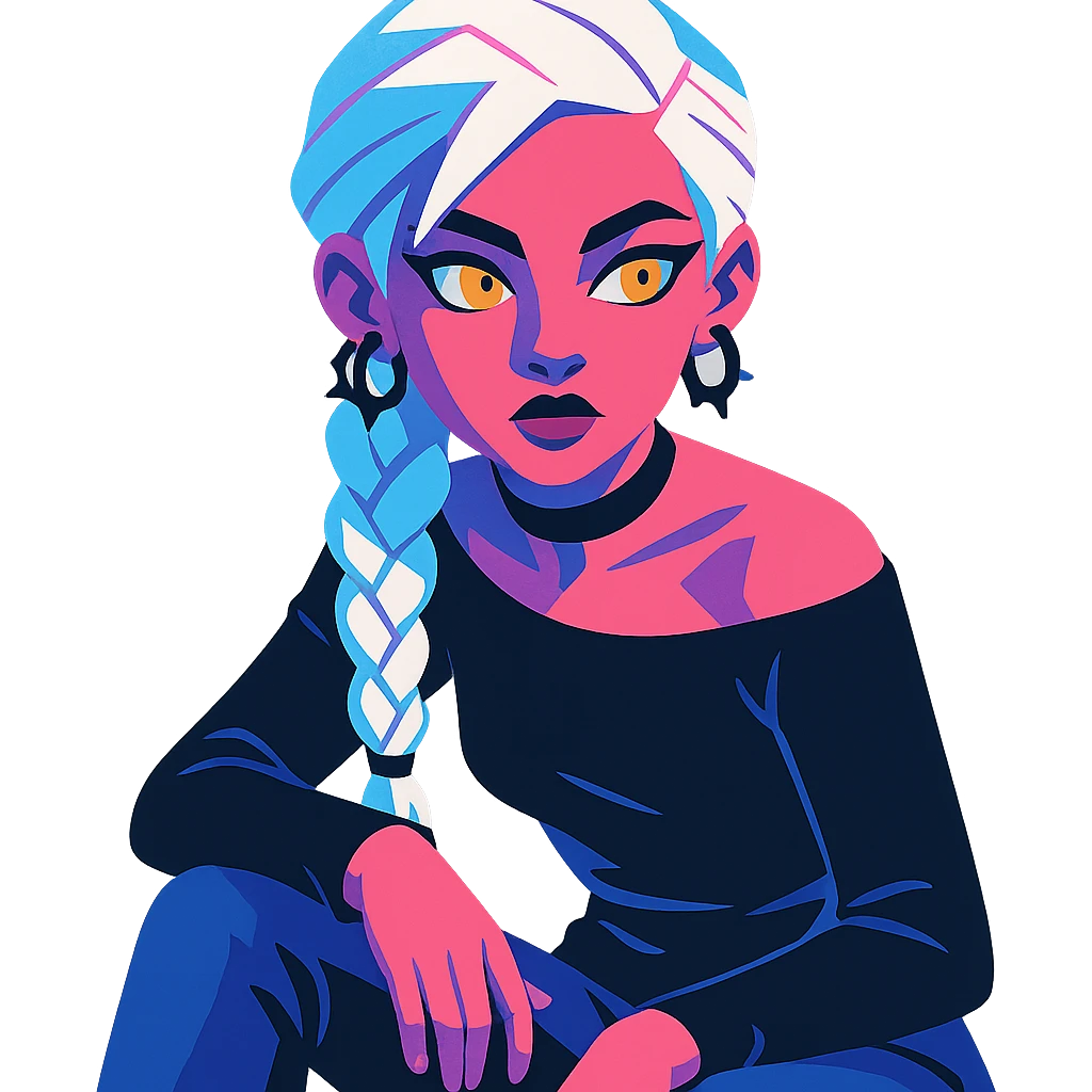 closeup portrait of young woman with gold yellow eyes, white hair in a long braid, black off-shoulder top, punk gothic style, futuristic cyberwave, sitting position emoji