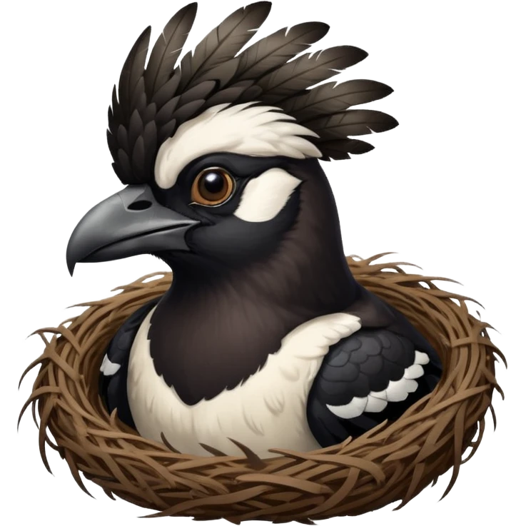 A man who has hair on the top of his head, that is actually an Australian Magpie, birds nest. emoji